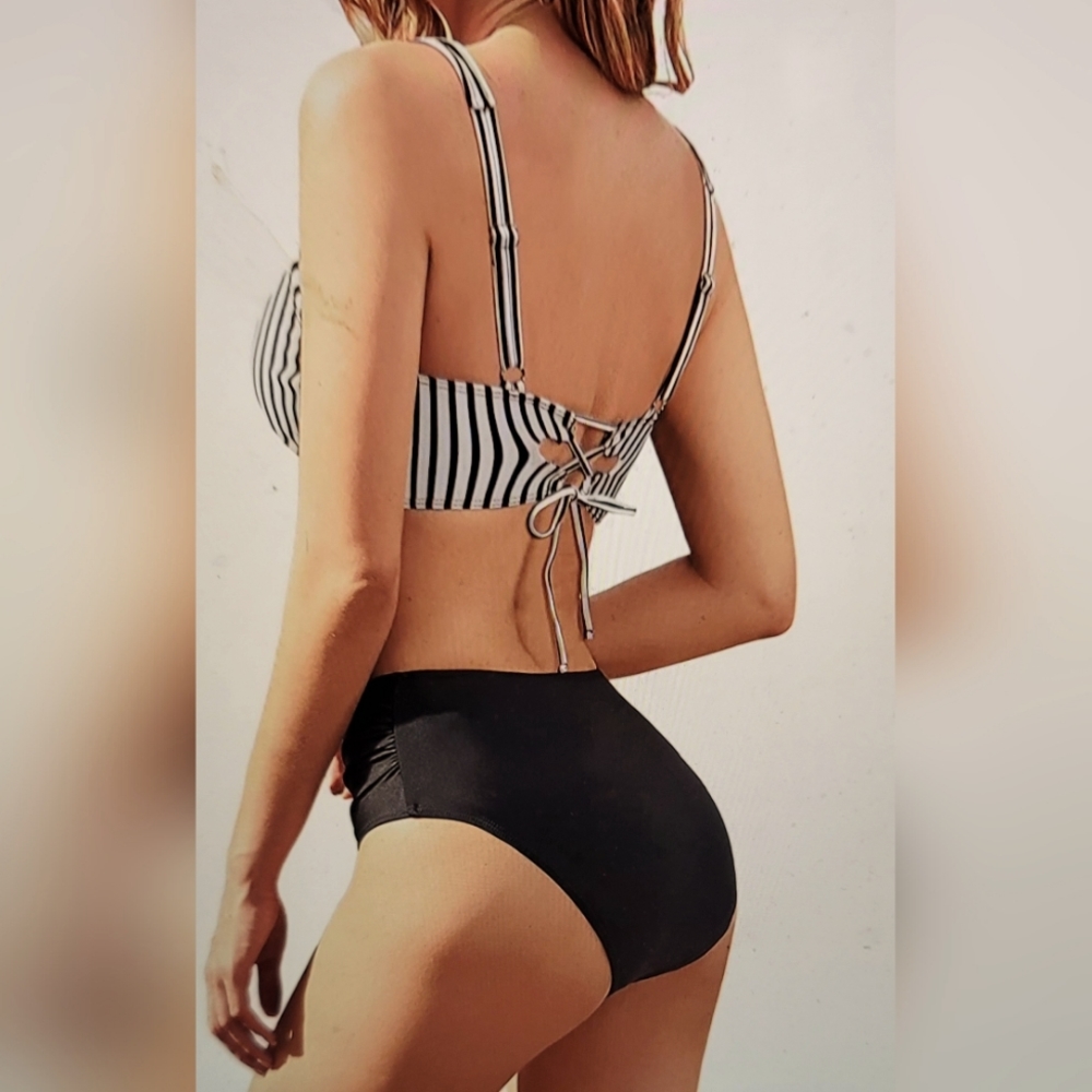 NWT SEXY LACE UP BACK HIGH WAISTED BOTTOM RETRO VIBE SEIM BATHING SUIT LARGE